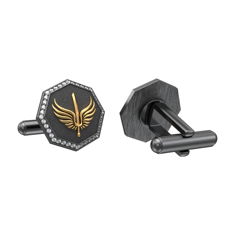 Viking Sword Luxe, Edgy Cufflink Set with CZ Diamonds, 18kt Gold & Black Ruthenium Plating on Brass.