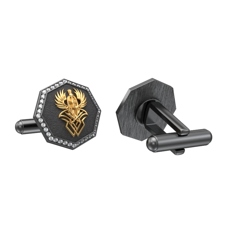 Warrior Luxe, Edgy Cufflink Set with CZ Diamonds, 18kt Gold & Black Ruthenium Plating on Brass.