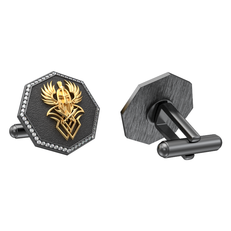 Warrior Luxe, Edgy Cufflink Set with CZ Diamonds, 18kt Gold & Black Ruthenium Plating on Brass.