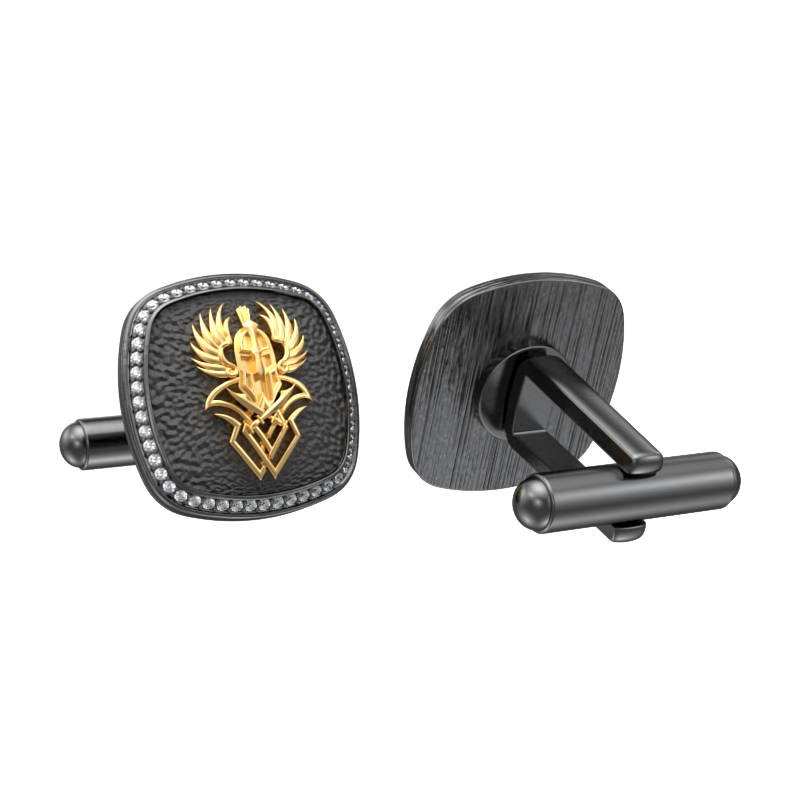 Warrior Luxe, Edgy Cufflink Set with CZ Diamonds, 18kt Gold & Black Ruthenium Plating on Brass.
