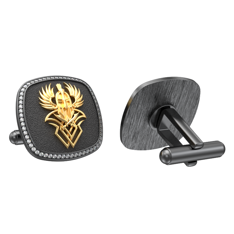 Warrior Luxe, Edgy Cufflink Set with CZ Diamonds, 18kt Gold & Black Ruthenium Plating on Brass.
