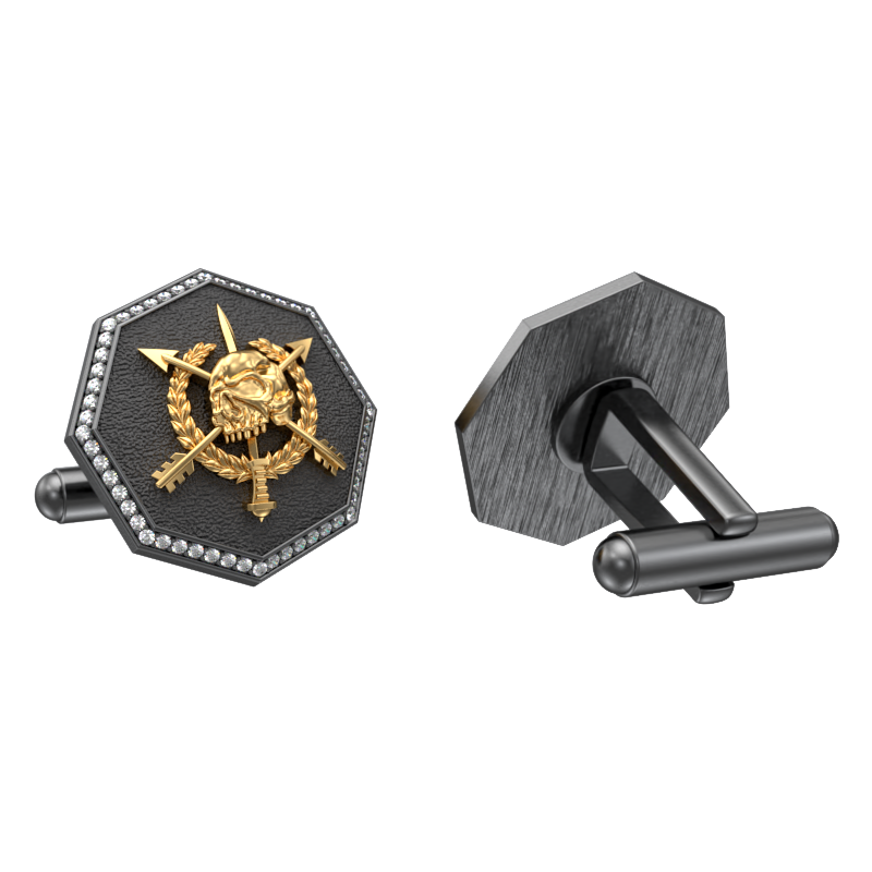 Pirate Luxe, Edgy Cufflink Set with CZ Diamonds, 18kt Gold & Black Ruthenium Plating on Brass.