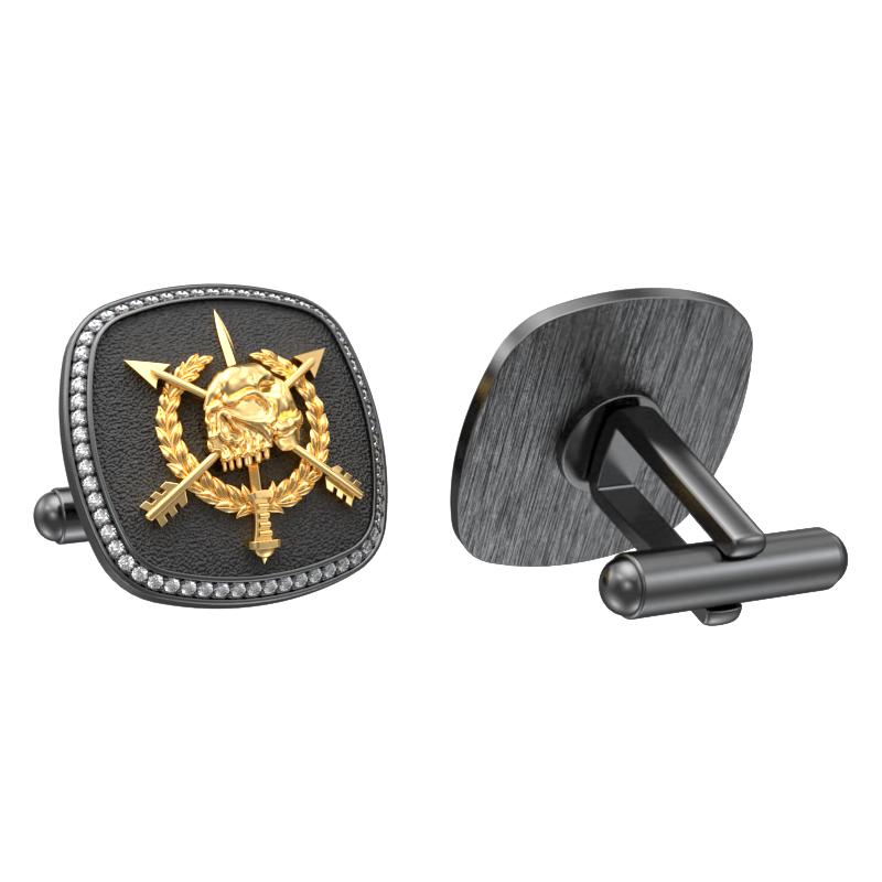 Pirate Luxe, Edgy Cufflink Set with CZ Diamonds, 18kt Gold & Black Ruthenium Plating on Brass.