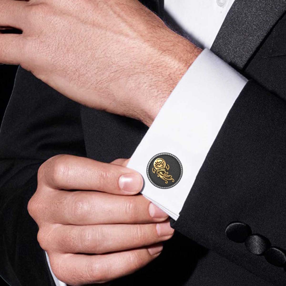 Aquarius Zodiac Luxe, Constellation Cufflink Set with CZ Diamonds, 18kt Gold & Black Ruthenium Plating on Brass.