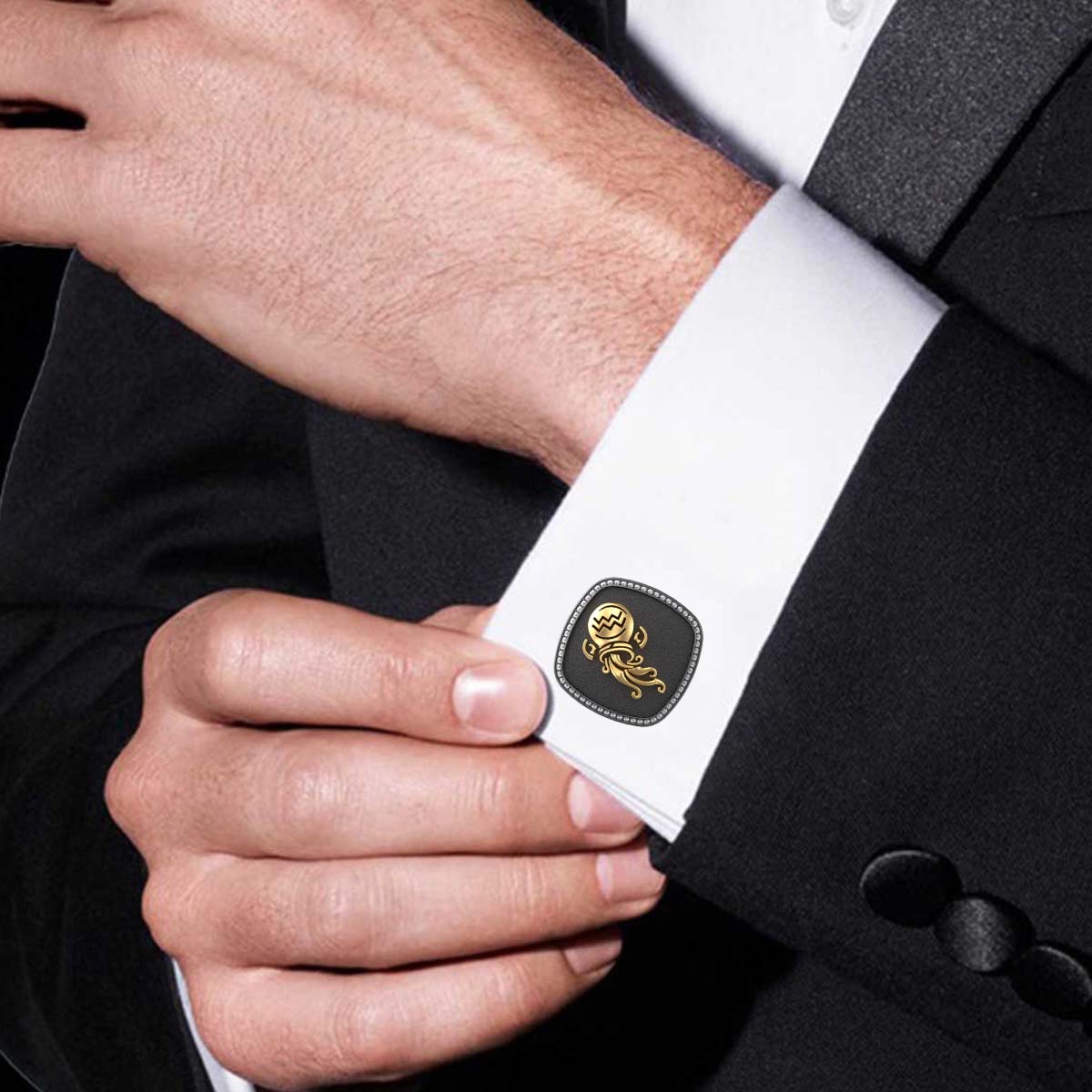 Aquarius Zodiac Luxe, Constellation Cufflink Set with CZ Diamonds, 18kt Gold & Black Ruthenium Plating on Brass.