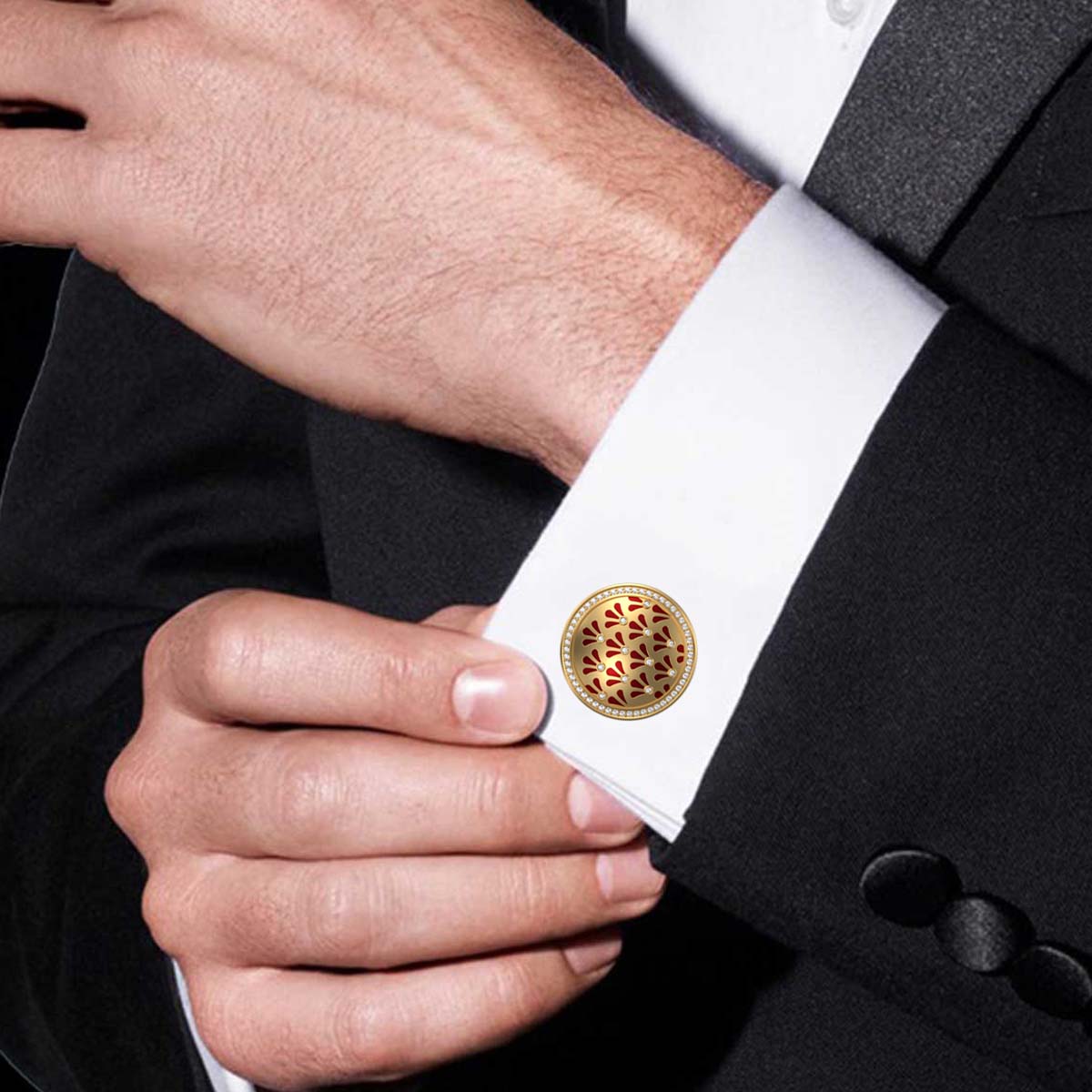 Bloom Luxe, Classic Cufflink Set with CZ Diamonds, 18kt Gold Plating and Enamel on Brass.