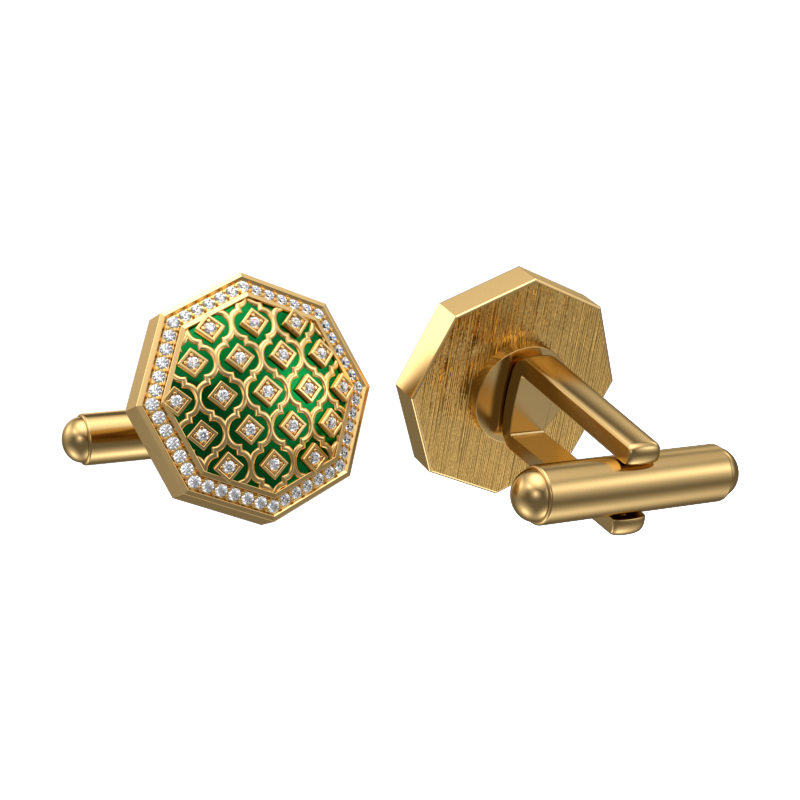 Ornate Luxe, Classic Cufflink Set with CZ Diamonds, 18kt Gold Plating and Enamel on Brass.