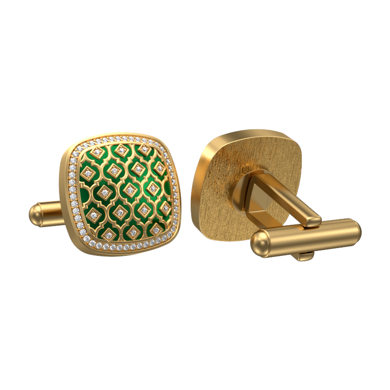 Ornate Luxe, Classic Cufflink Set with CZ Diamonds, 18kt Gold Plating and Enamel on Brass.