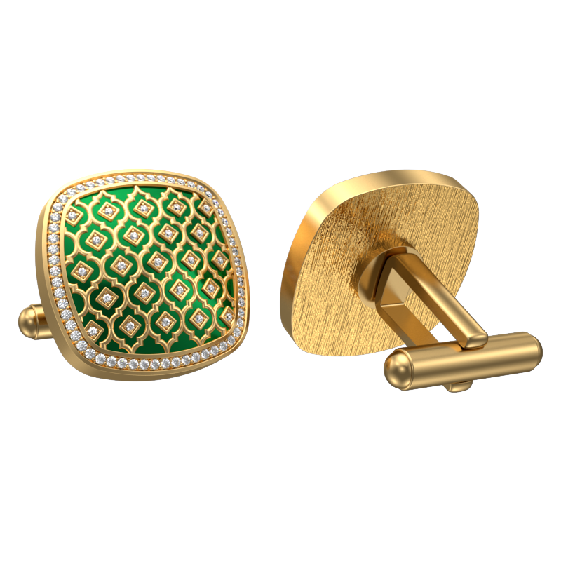 Ornate Luxe, Classic Cufflink Set with CZ Diamonds, 18kt Gold Plating and Enamel on Brass.