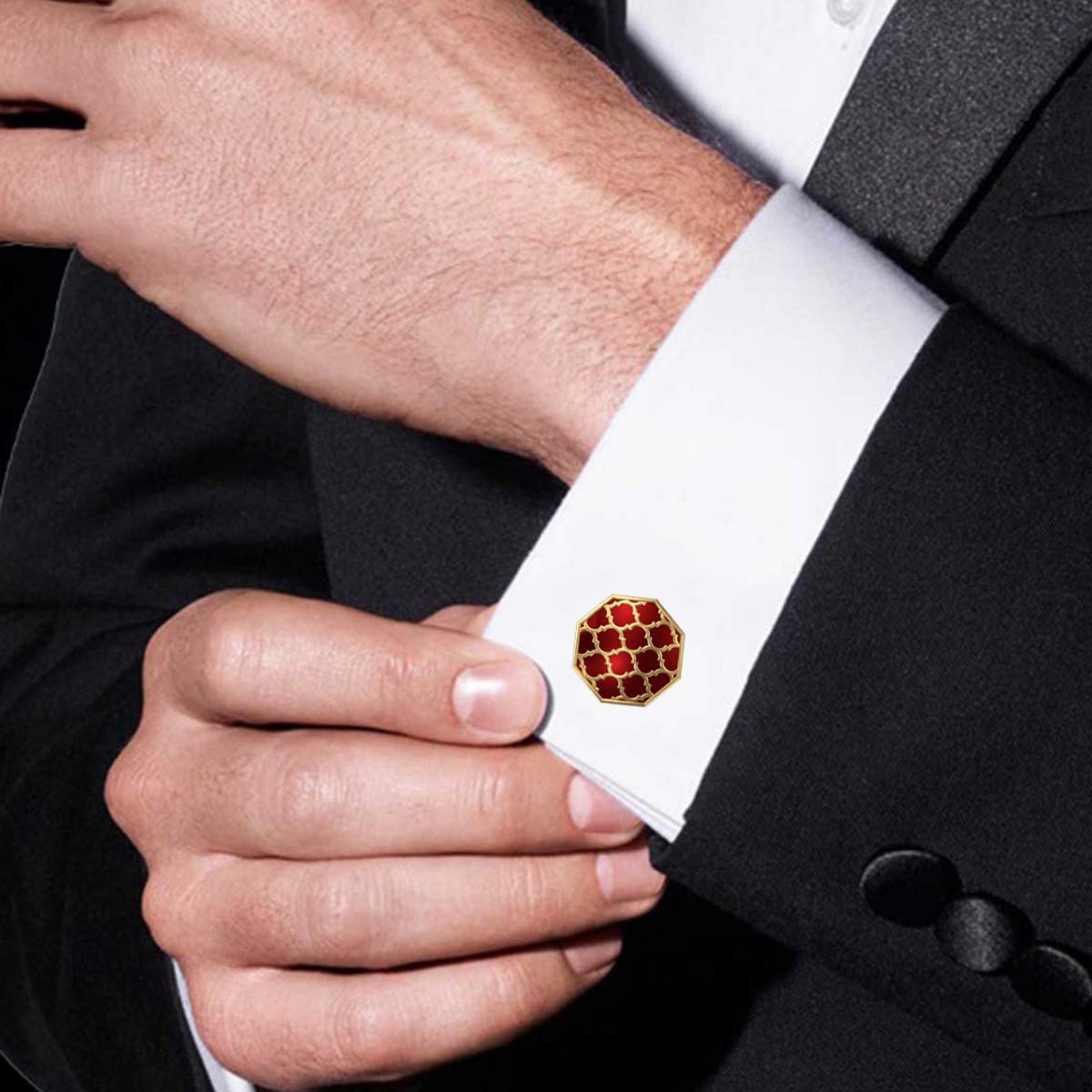 Ornate, Classic Cufflink Set with 18kt Gold Plating and Enamel on Brass.