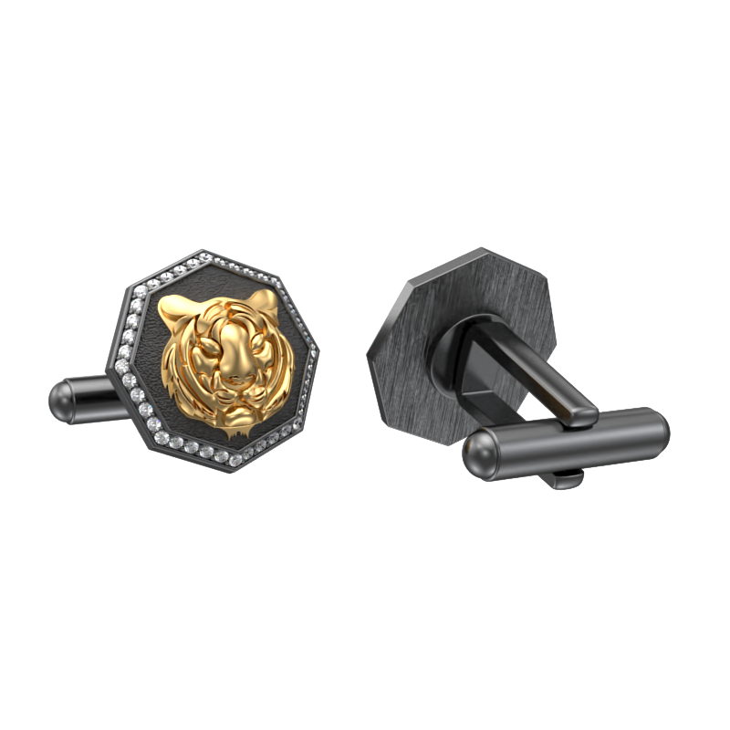 Tiger Luxe, Wild Cufflink Set with CZ Diamonds, 18kt Gold & Black Ruthenium Plating on Brass.