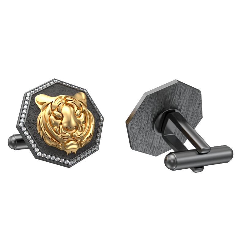 Tiger Luxe, Wild Cufflink Set with CZ Diamonds, 18kt Gold & Black Ruthenium Plating on Brass.