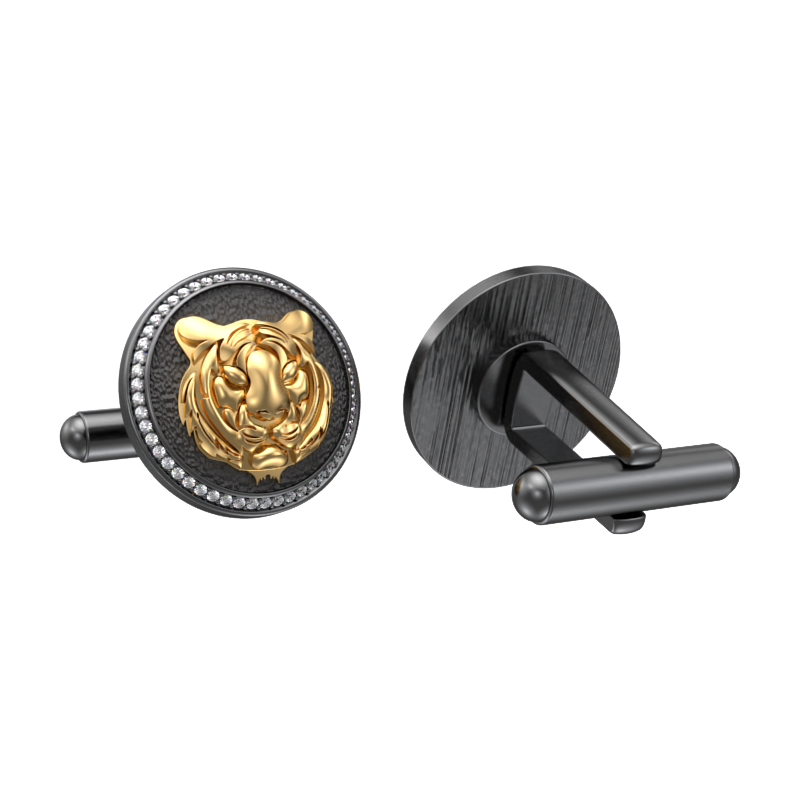 Tiger Luxe, Wild Cufflink Set with CZ Diamonds, 18kt Gold & Black Ruthenium Plating on Brass.