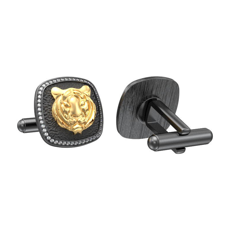Tiger Luxe, Wild Cufflink Set with CZ Diamonds, 18kt Gold & Black Ruthenium Plating on Brass.