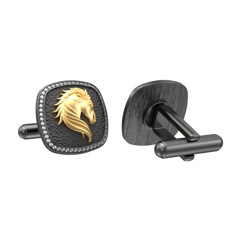 Horse Luxe, Wild Cufflink Set with CZ Diamonds, 18kt Gold & Black Ruthenium Plating on Brass.