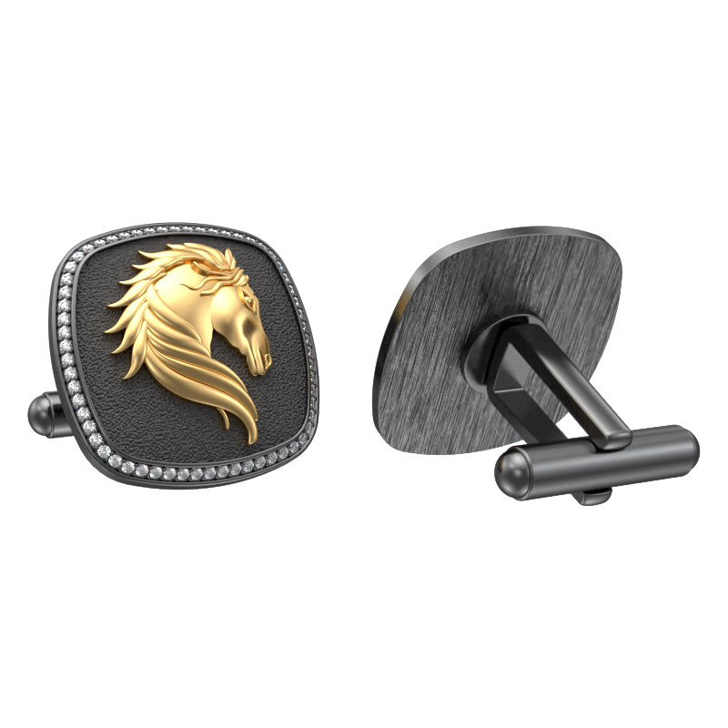 Horse Luxe, Wild Cufflink Set with CZ Diamonds, 18kt Gold & Black Ruthenium Plating on Brass.
