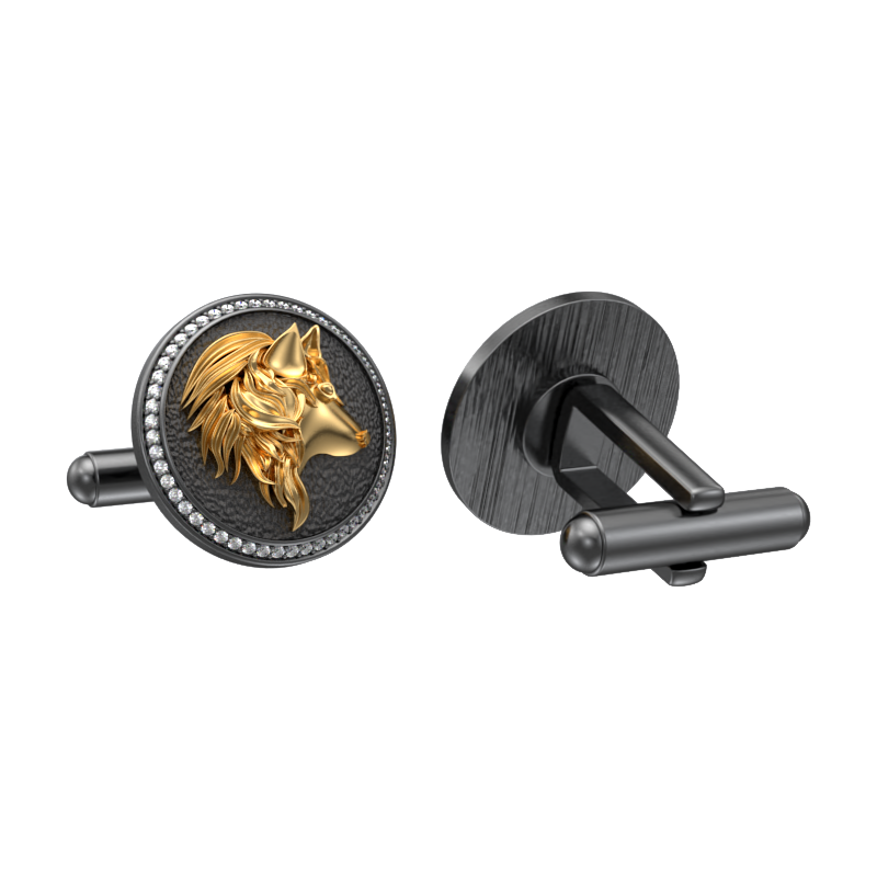 Wolf Luxe, Wild Cufflink Set with CZ Diamonds, 18kt Gold & Black Ruthenium Plating on Brass.