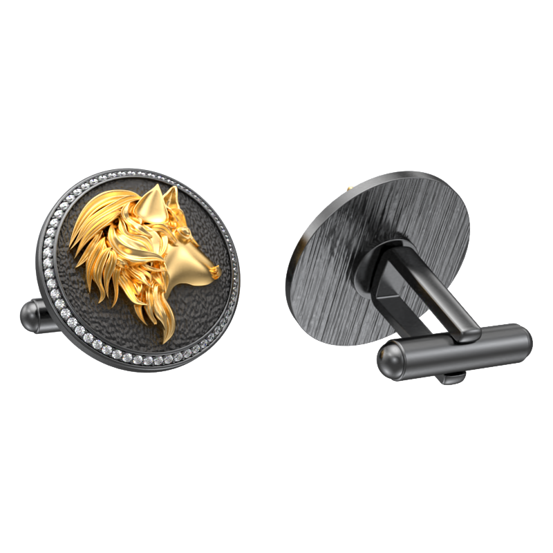 Wolf Luxe, Wild Cufflink Set with CZ Diamonds, 18kt Gold & Black Ruthenium Plating on Brass.