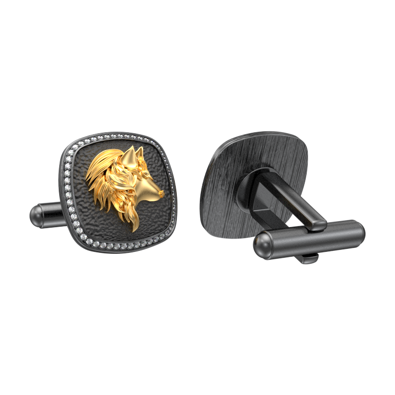 Wolf Luxe, Wild Cufflink Set with CZ Diamonds, 18kt Gold & Black Ruthenium Plating on Brass.