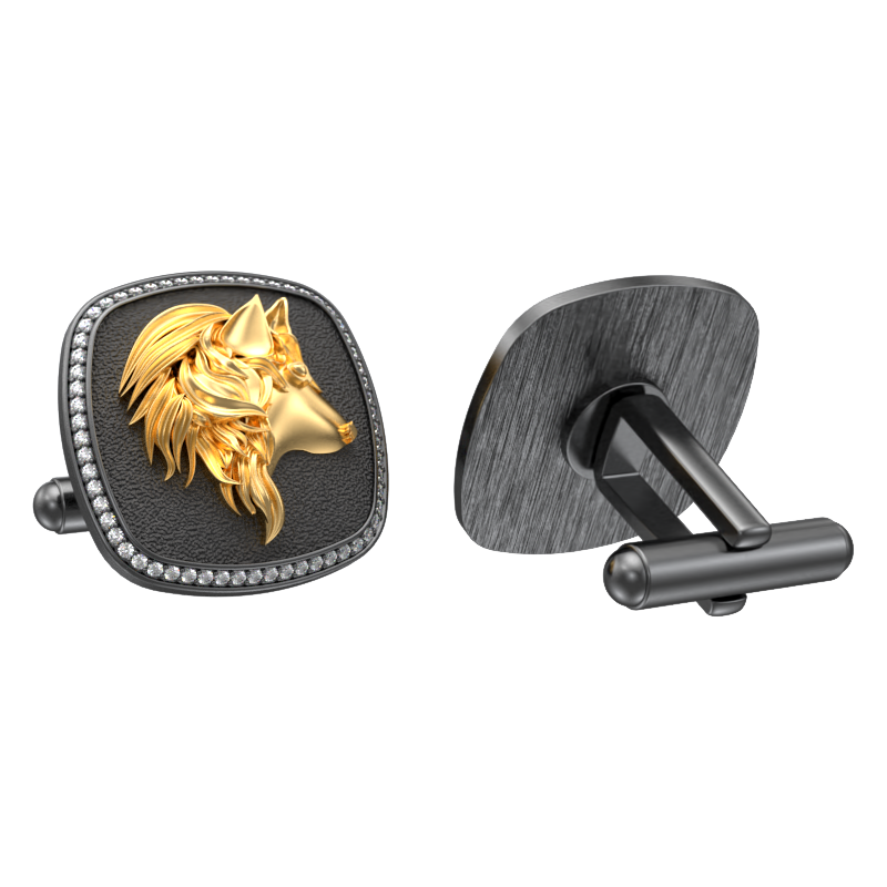 Wolf Luxe, Wild Cufflink Set with CZ Diamonds, 18kt Gold & Black Ruthenium Plating on Brass.