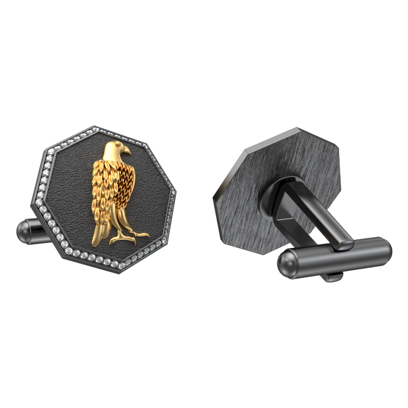 Falcon Luxe, Wild Cufflink Set with CZ Diamonds, 18kt Gold & Black Ruthenium Plating on Brass.