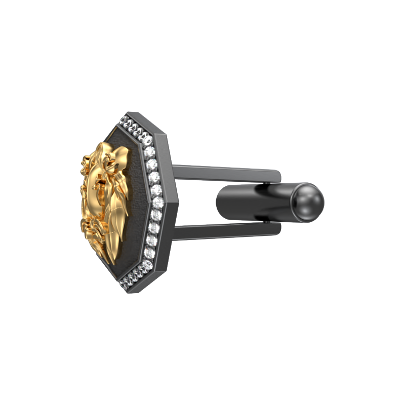 Lion Luxe, Wild Cufflink Set with CZ Diamonds, 18kt Gold & Black Ruthenium Plating on Brass