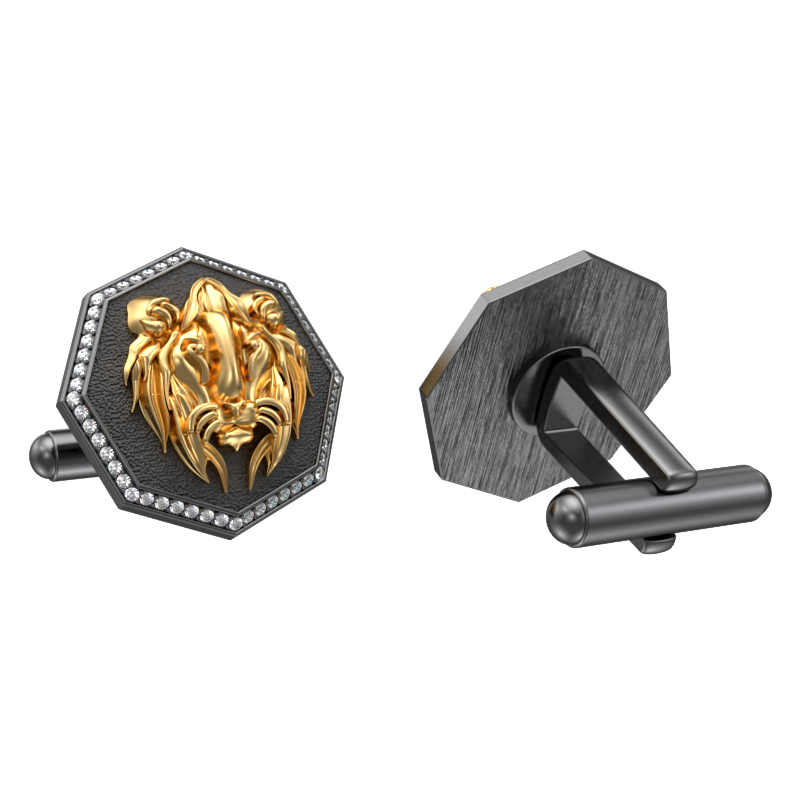 Lion Luxe, Wild Cufflink Set with CZ Diamonds, 18kt Gold & Black Ruthenium Plating on Brass