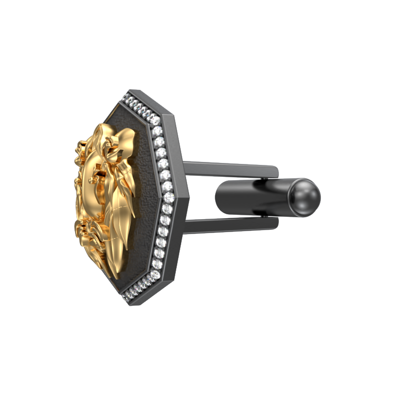 Lion Luxe, Wild Cufflink Set with CZ Diamonds, 18kt Gold & Black Ruthenium Plating on Brass