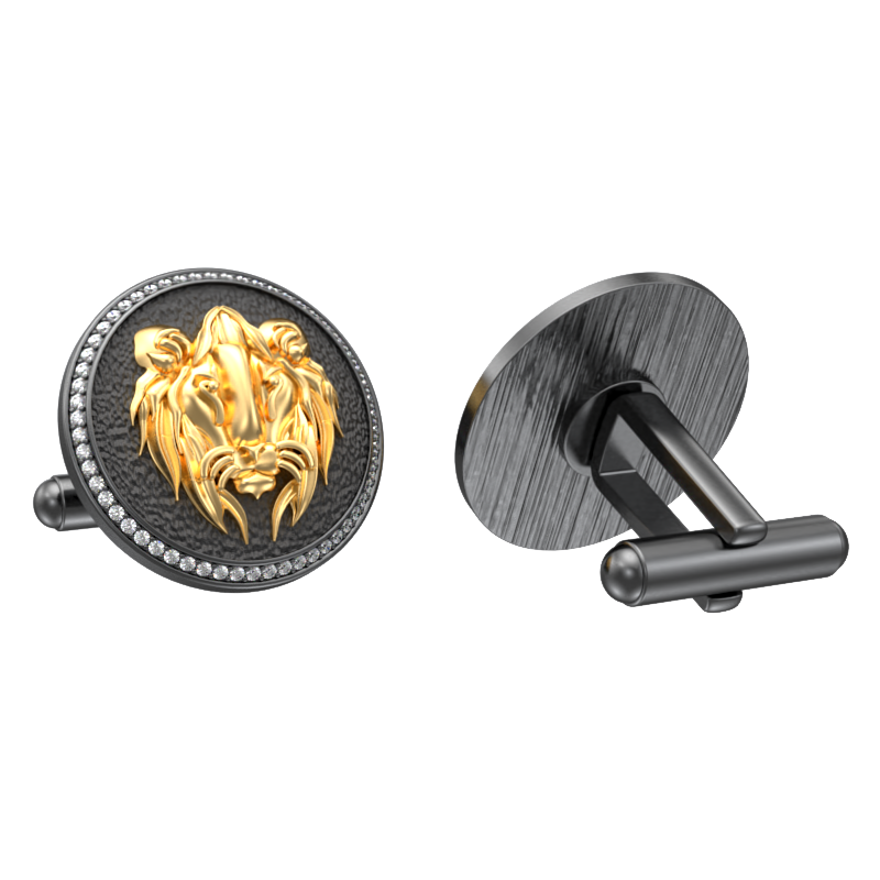 Lion Luxe, Wild Cufflink Set with CZ Diamonds, 18kt Gold & Black Ruthenium Plating on Brass