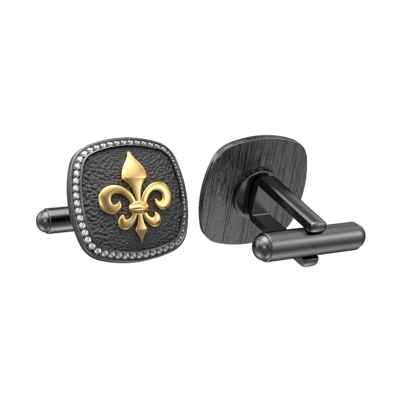 Fleur di lis Luxe, Spiritual Cufflink Set with CZ Diamonds, 18kt Gold & Black Ruthenium Plating on Brass.