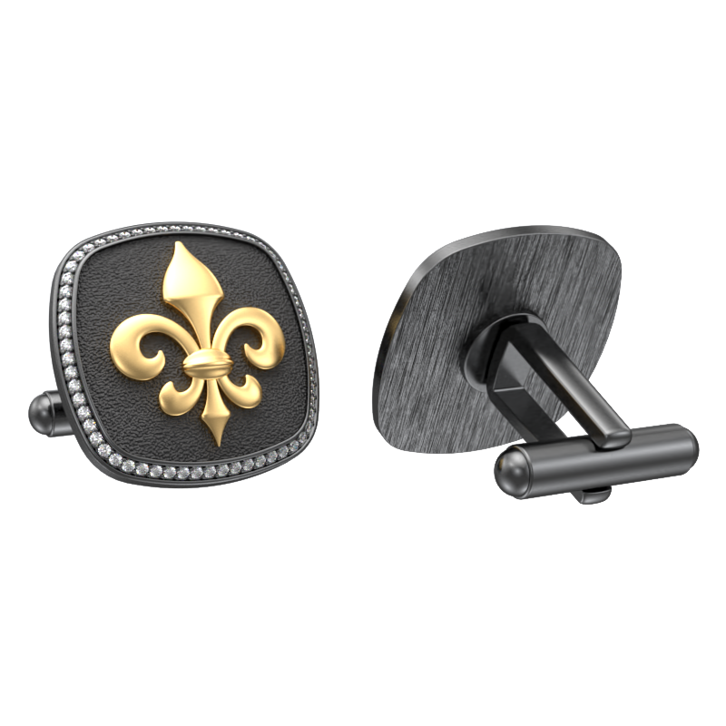 Fleur di lis Luxe, Spiritual Cufflink Set with CZ Diamonds, 18kt Gold & Black Ruthenium Plating on Brass.