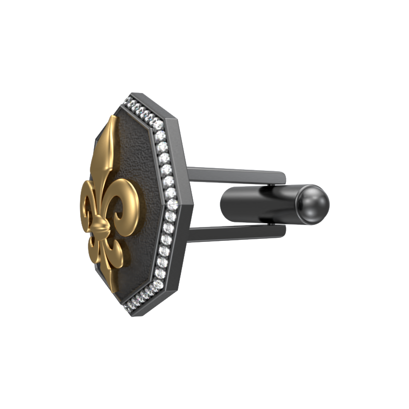 Fleur di lis Luxe, Spiritual Cufflink Set with CZ Diamonds, 18kt Gold & Black Ruthenium Plating on Brass.