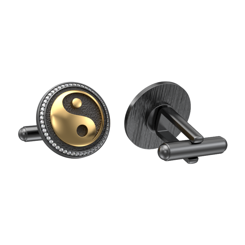 Ying Yang Luxe, Spiritual Cufflink Set with CZ Diamonds, 18kt Gold & Black Ruthenium Plating on Brass.