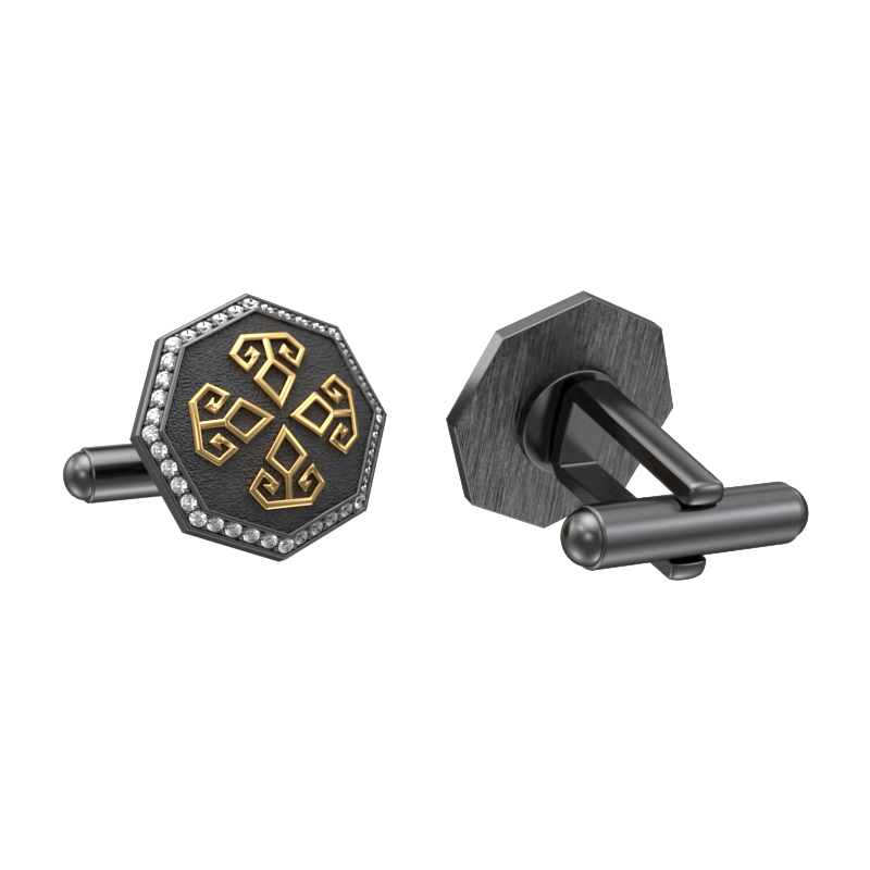 Power Luxe, Spiritual Cufflink Set with CZ Diamonds, 18kt Gold & Black Ruthenium Plating on Brass.