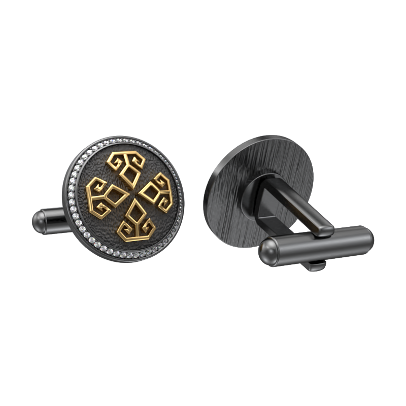 Power Luxe, Spiritual Cufflink Set with CZ Diamonds, 18kt Gold & Black Ruthenium Plating on Brass.