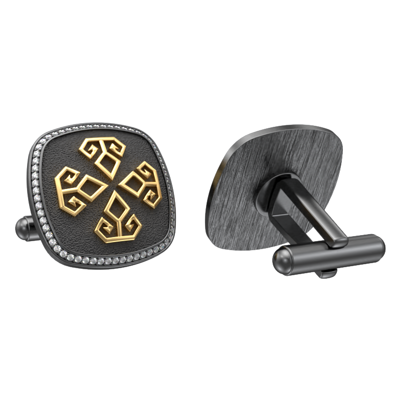 Power Luxe, Spiritual Cufflink Set with CZ Diamonds, 18kt Gold & Black Ruthenium Plating on Brass.