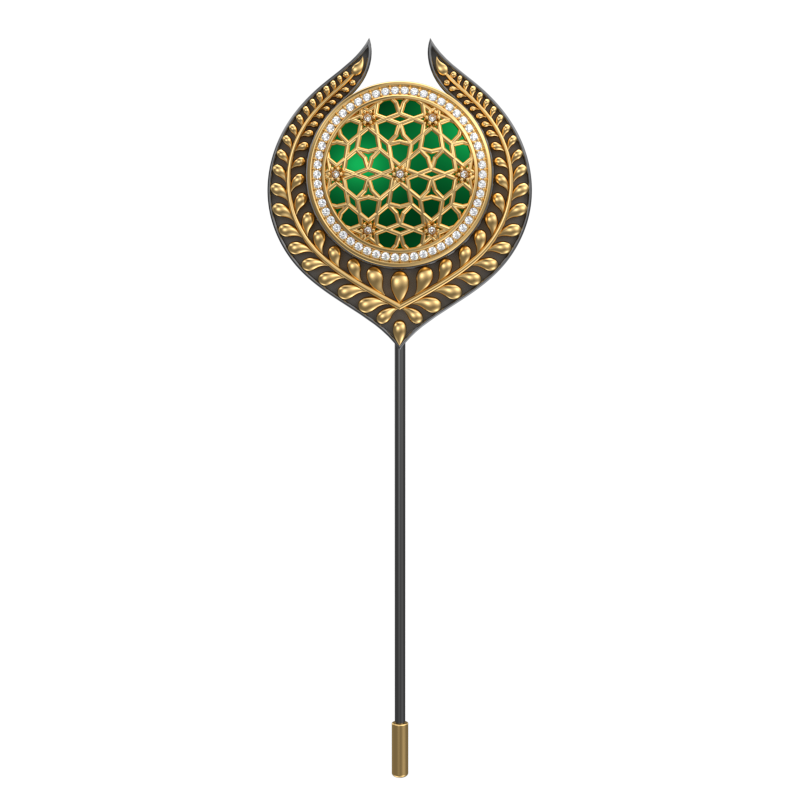 Starburst Luxe, Leaf Classic Lapel with CZ Diamonds, 18kt Gold & Black Ruthenium Plating and Enamel on Brass.