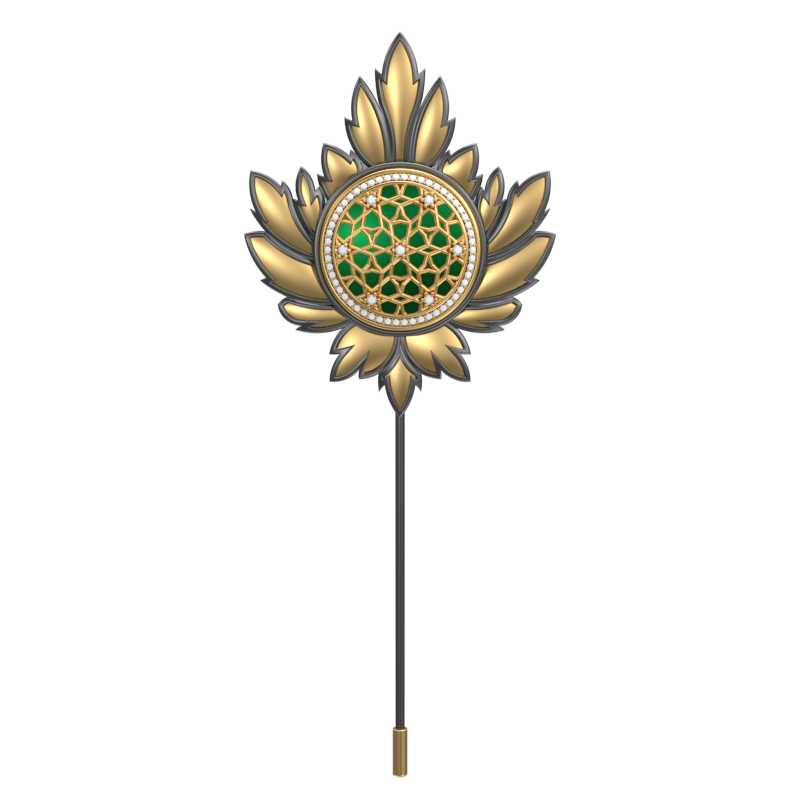 Starburst Luxe, Maple Classic Lapel with CZ Diamonds, 18kt Gold & Black Ruthenium Plating and Enamel on Brass.