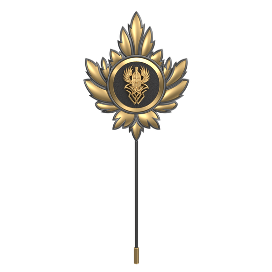 Warrior ,Mapel Edgy Lapel with 18kt Gold & Black Ruthenium Plating and Enamel on Brass.