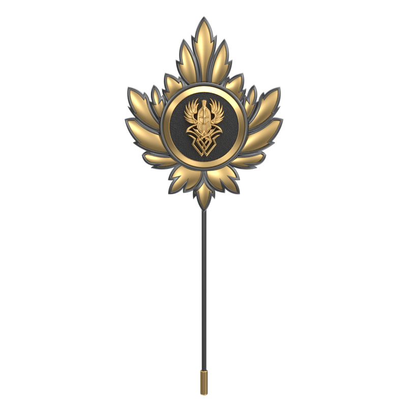 Warrior ,Mapel Edgy Lapel with 18kt Gold & Black Ruthenium Plating and Enamel on Brass.