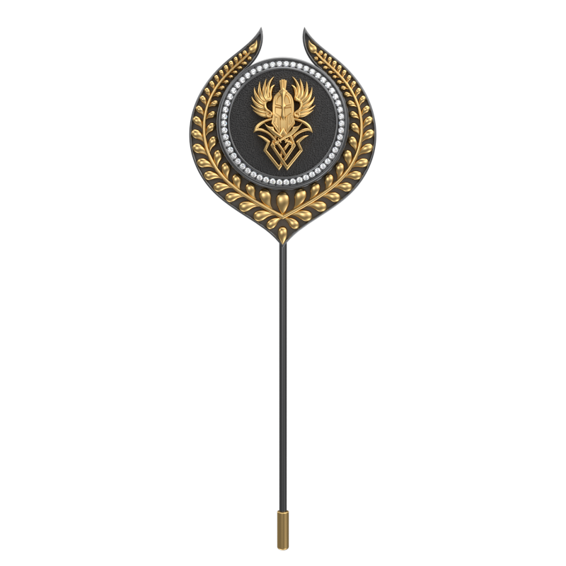 Warrior Luxe, Leaf Edgy Lapel with CZ Diamonds, 18kt Gold & Black Ruthenium Plating on Brass.