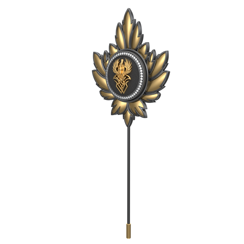 Warrior Luxe, Mapel Edgy Lapel with CZ Diamonds, 18kt Gold & Black Ruthenium Plating on Brass.