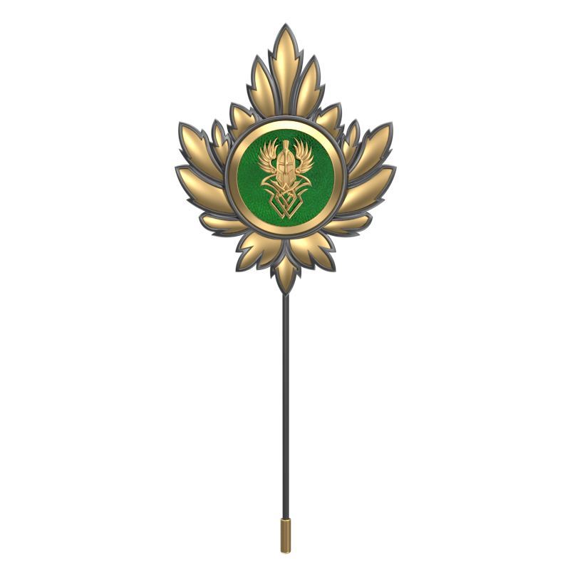 Warrior ,Mapel Edgy Lapel with 18kt Gold & Black Ruthenium Plating and Enamel on Brass.
