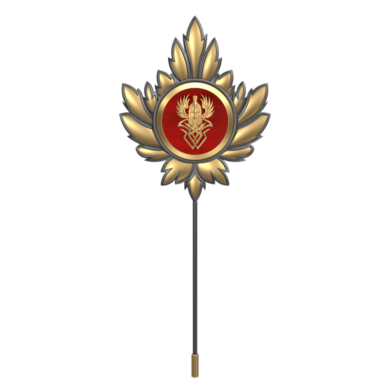 Warrior ,Mapel Edgy Lapel with 18kt Gold & Black Ruthenium Plating and Enamel on Brass.
