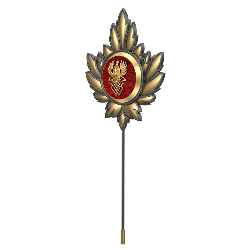 Warrior ,Mapel Edgy Lapel with 18kt Gold & Black Ruthenium Plating and Enamel on Brass.