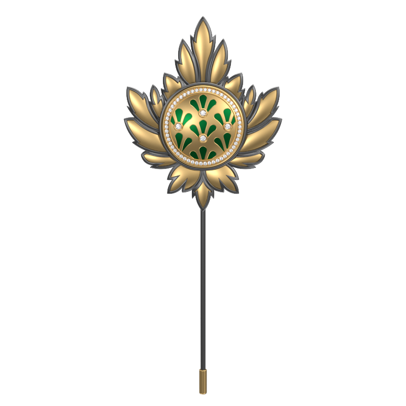 Bloom Luxe, Maple Classic Lapel with CZ Diamonds, 18kt Gold & Black Ruthenium Plating and Enamel on Brass.