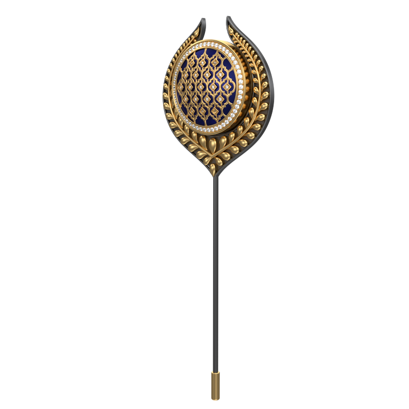 Ornate Luxe, Leaf Classic Lapel with CZ Diamonds, 18kt Gold & Black Ruthenium Plating and Enamel on Brass.