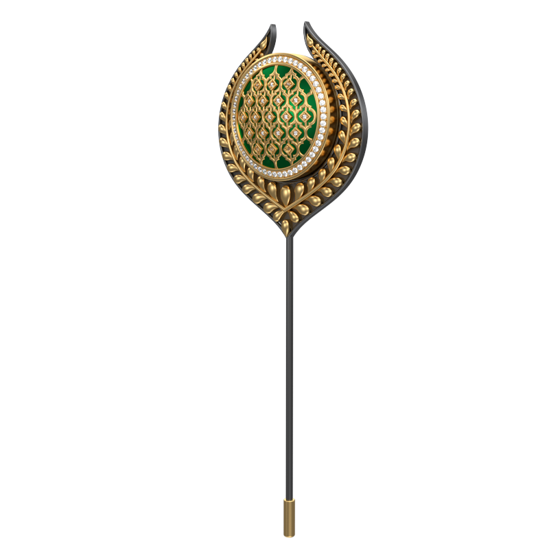 Ornate Luxe, Leaf Classic Lapel with CZ Diamonds, 18kt Gold & Black Ruthenium Plating and Enamel on Brass.