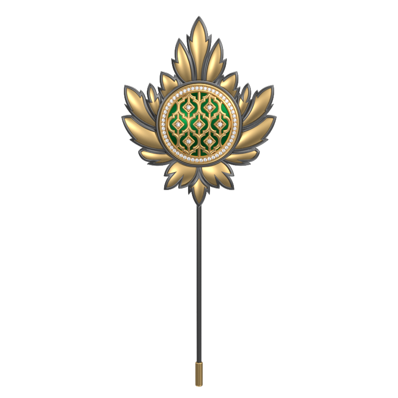 Ornate Luxe, Maple Classic Lapel with CZ Diamonds, 18kt Gold & Black Ruthenium Plating and Enamel on Brass.