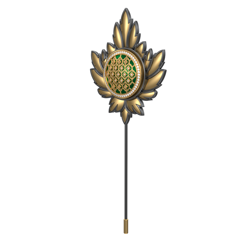 Ornate Luxe, Maple Classic Lapel with CZ Diamonds, 18kt Gold & Black Ruthenium Plating and Enamel on Brass.